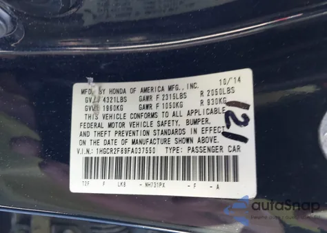2015 Honda Accord Ex-L from USA, damaged, VIN 1HGCR2F89FA037550